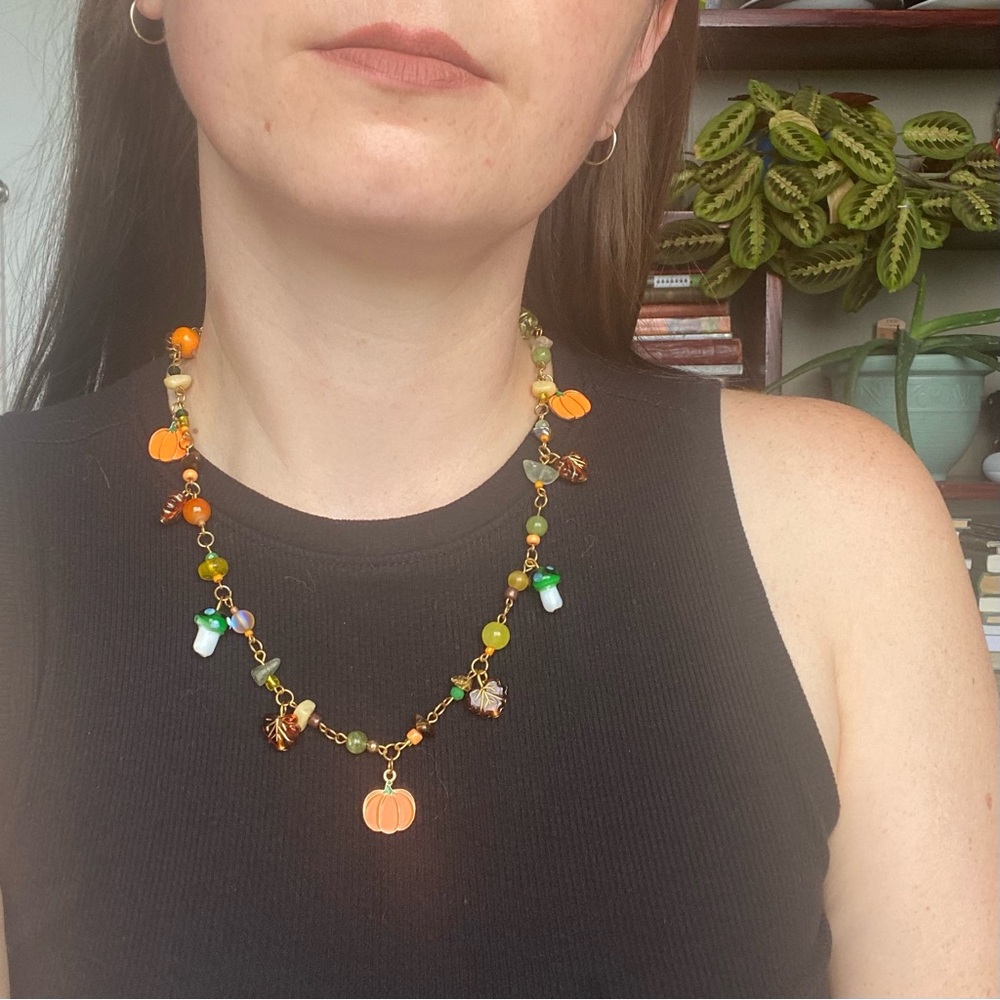 Pumpkin Patch Beaded Charm Necklace Fall Jewelry Mushroom Leaves Leaf Pendant - Picture 7 of 7